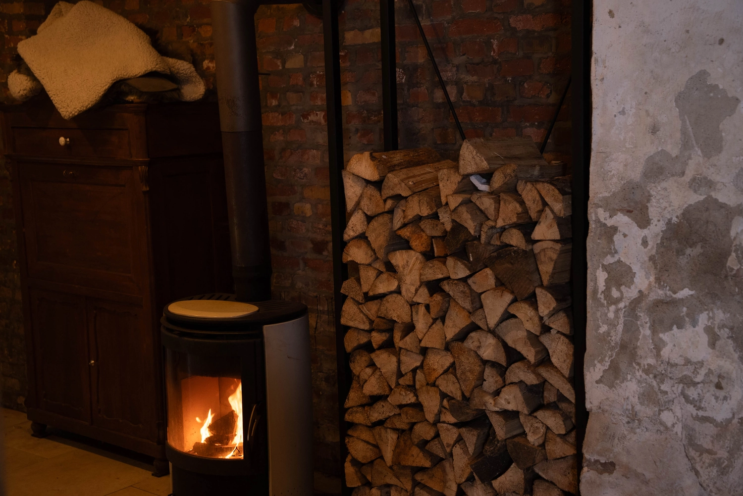 Alpakahof Dinge – Alpaka-Trekking – Dieser moderne Holzofen mit Panorama-Glastür wird häufig zum Beheizen von Wohnhäusern verwendet.