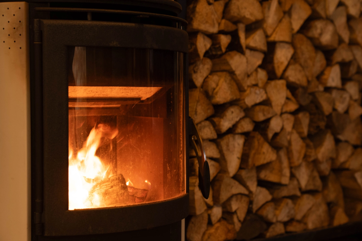 Alpakahof Dinge – Alpaka-Trekking – Dieser moderne Holzofen mit Panorama-Glastür wird häufig zum Beheizen von Wohnhäusern verwendet.